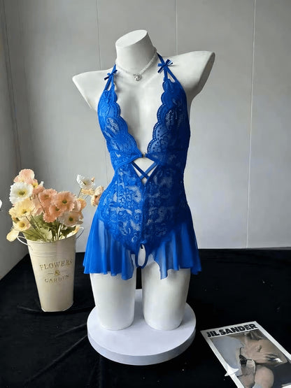 Sexy Women's Backless Bodysuit, Red Lace with Contrast Cut-Out Neckline, Unlined Full Coverage Jumpsuit, Adjustable Design Adult Lingerie