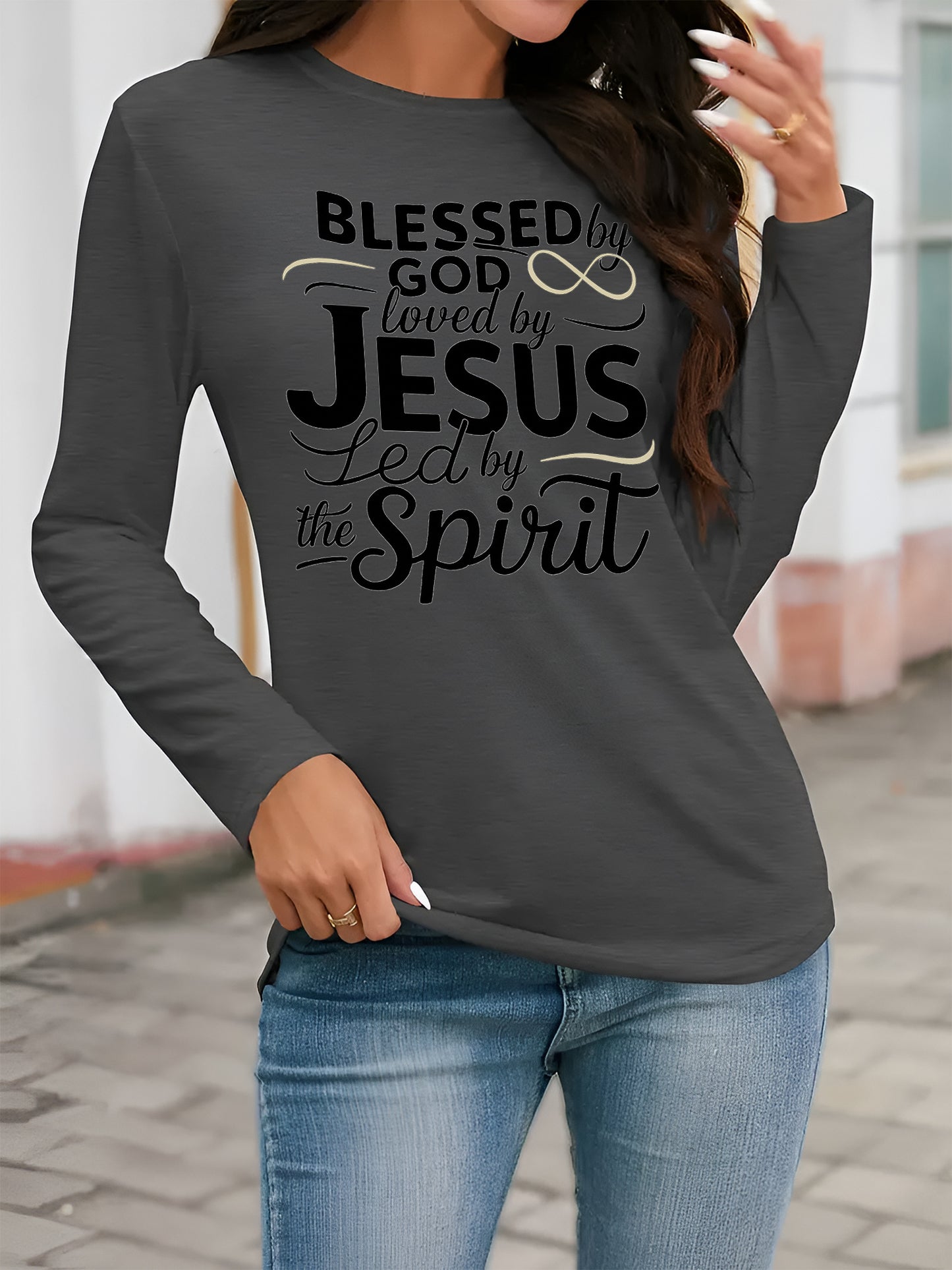 Faith Name Printed T-Shirt - Soft Stretch Long Sleeve Top Suitable for Spring Summer Fall, Casual Casual Attire with Asymmetric Faith Name Print, Machine Washable Blouse (No)
