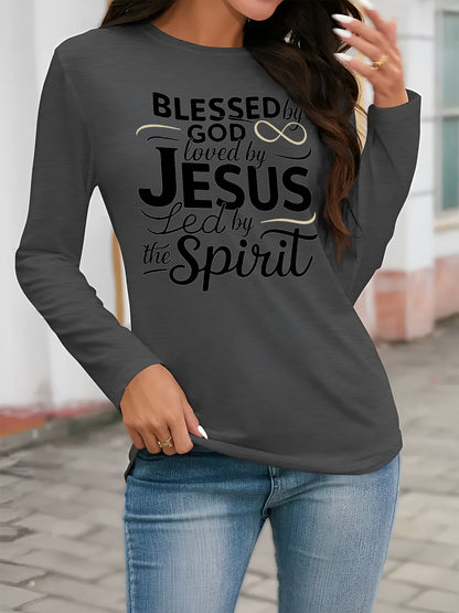 Faith Name Printed T-Shirt - Soft Stretch Long Sleeve Top Suitable for Spring Summer Fall, Casual Casual Attire with Asymmetric Faith Name Print, Machine Washable Blouse (No)