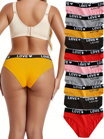 2026 Women's Breathable Panties, Valentine's Day Briefs With Heart And Letter Print 10pcs Game Day Underwear Football Fan Gear for All Fans