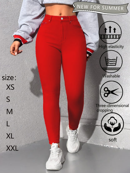 Womens Red High Waisted Skinny Jeans with Multiple Rivet Details High Elasticity Stretch Denim Pants Tummy Control Slim Fit Booty Lifting Design Soft Comfortable Machine Washable Summer New Arrival Casual Casual Attire Versatile Wardrobe Essential