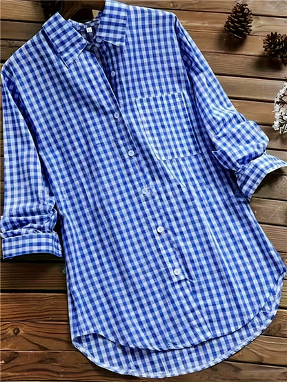 Plus Size - Plus Size - 2024 New Plaid Long Johns with Lapel Long Sleeve Vintage Shirt Buttons