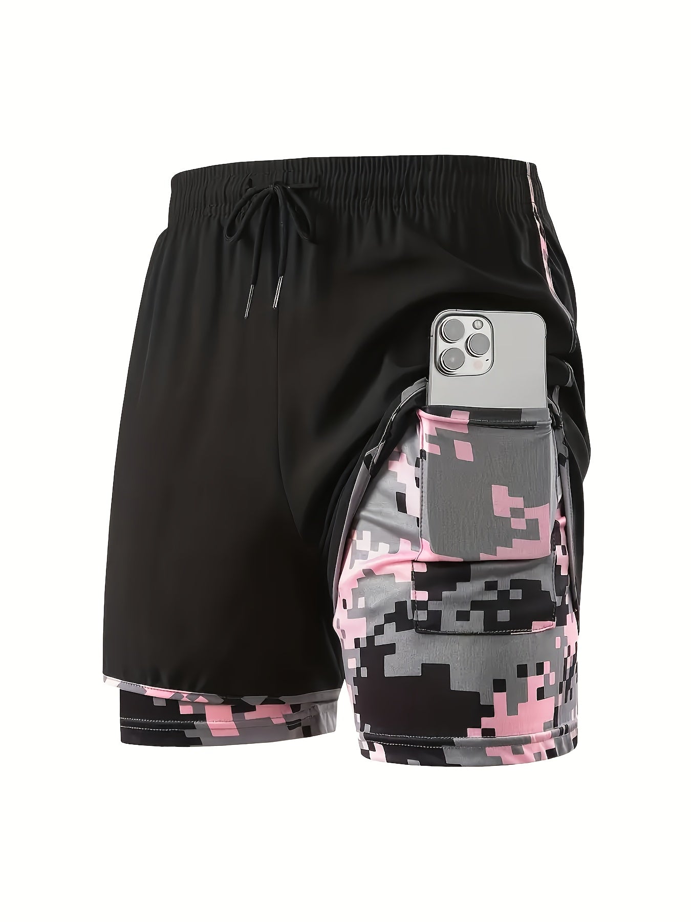 Plus Size - 3pcs - Plus Size Women'S Shorts, Double-layer Fake Two Piece Camouflage Pattern, Breathable Quick Drying Pants, Women'S Shorts With Adjustable Drawstring Waist - Lightweight Fitness, Side Design, Non See Through Casual Wear