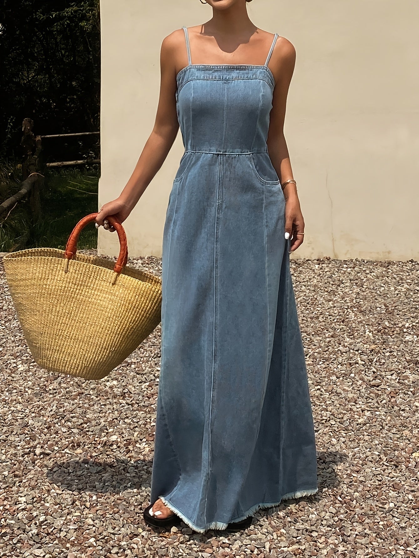 Vintage Washed Denim Maxi Dress for Women Sleeveless Long Jean Dress with Relaxed Non-Stretch Fabric, Casual Boutique Outfit for Spring Fall