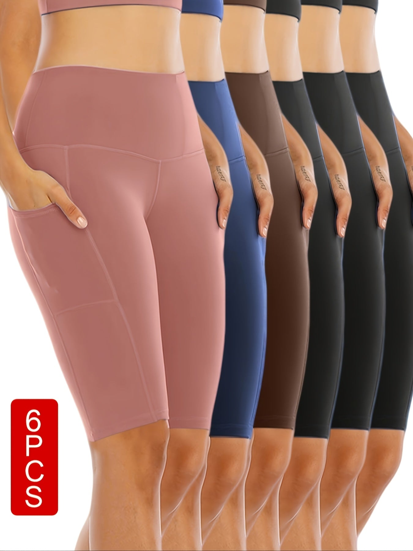 6pcs Set Of Women's Cycling Shorts with Pockets, High Waist Belly-closing Exercise Yoga Running Fitness Tennis Shorts Large Size Sports Shorts