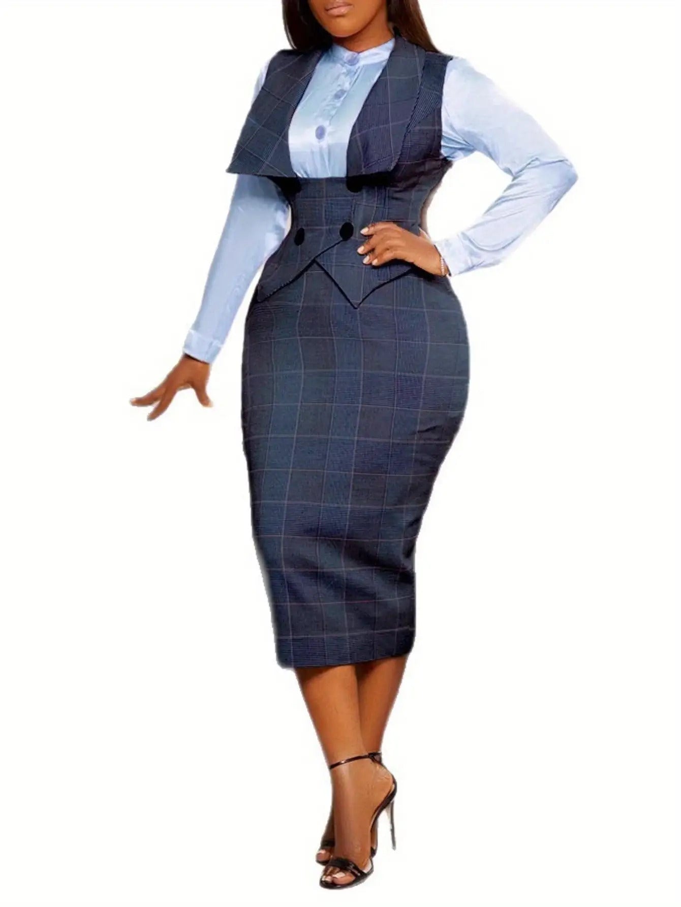 New Sexy Button Plaid Pencil Skirt Bodycon Skirt Set 2pcs Women's Seasonal Checkered Sleeveless Vest + High-Waisted Skirt Set | Intellectual Commuting Design, Creating A Professional Look, Suitable for Office Work And Business Meetings