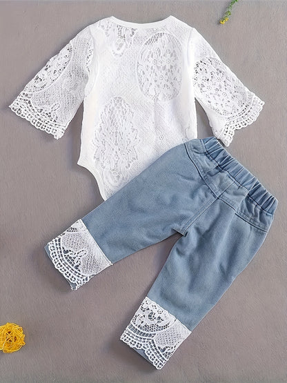 Baby Girl'S Stylish Clothes Set, Lace Ruffle Romper And Flared Denim Jeans And Headband 3pcs Newborn Infant Outfits, Coquette Style