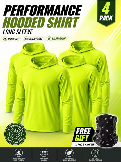4 Pack Men's Hi Vis Performance Hooded Shirts, Long Sleeve Quick Dry Moisture Wicking UPF 50+ Lightweight Work Shirts with BONUS Performance Neck Gaiter