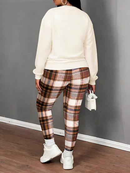 Women's Casual Round Neck Long Sleeves Queen Letter Bear Print Sweatshirt And Plaid Skinny Pants Set Spring Fall And Winter