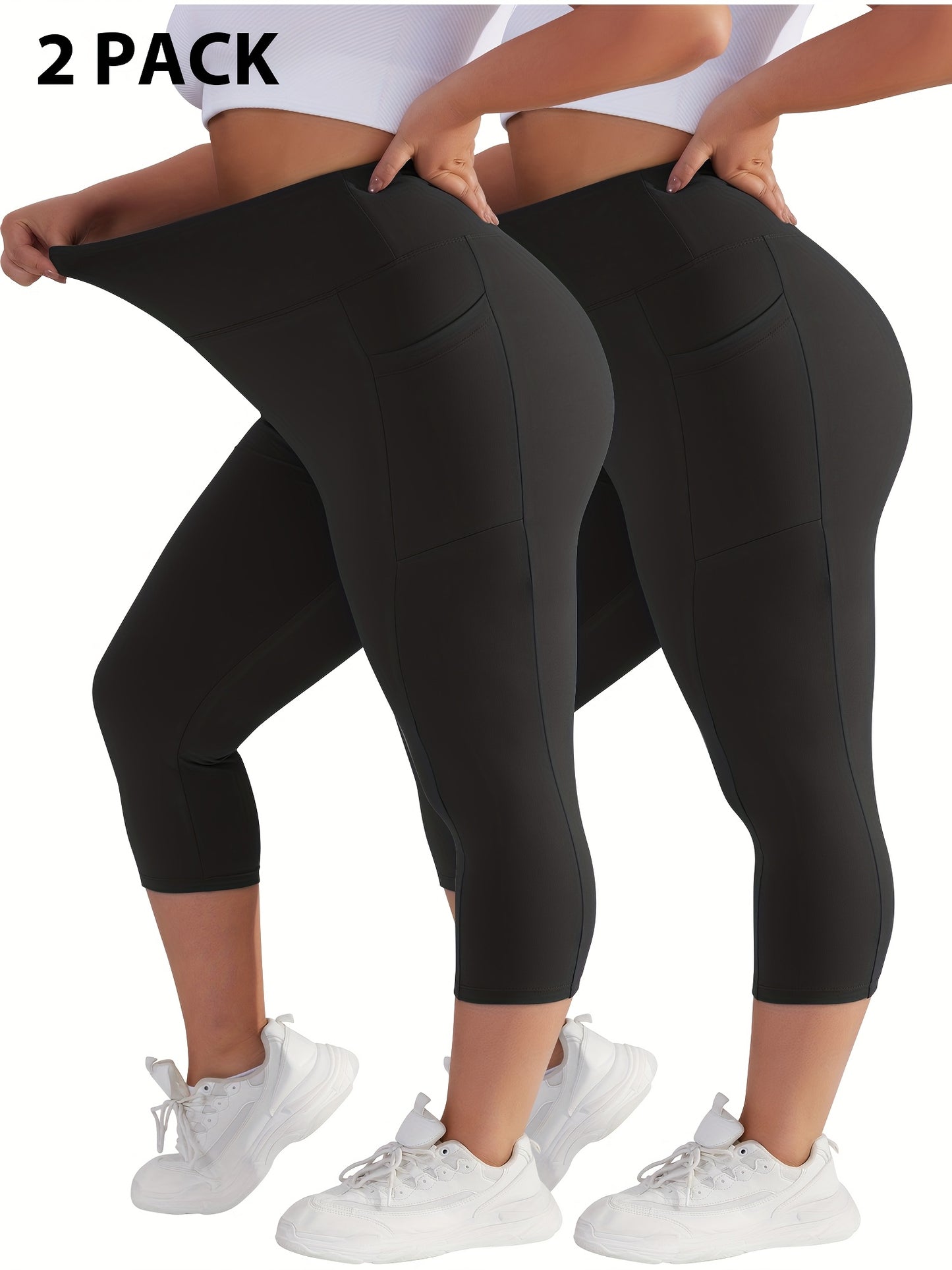 Plus Size - 2pcs Set - Plus Size High-Waisted Pocket Capri Pants - Soft Suitable for And Workouts - Elegant Style - New Spring And Summer Collection - Targeted Design