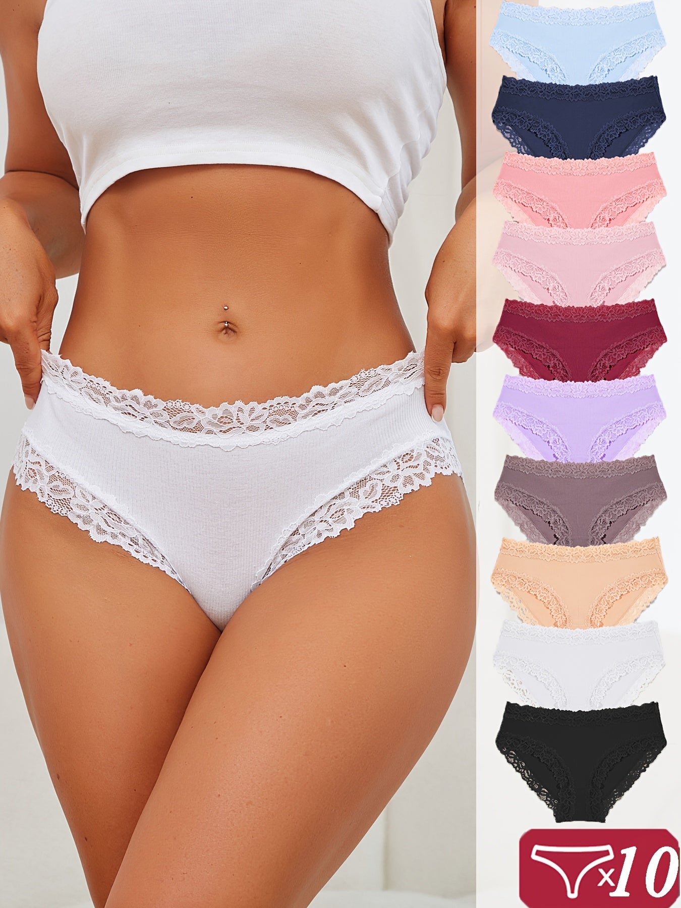 Set of 10 Women'S Briefs, Comfortable And Breathable Lingerie with Sexy Lace, Mid-Rise Underwear