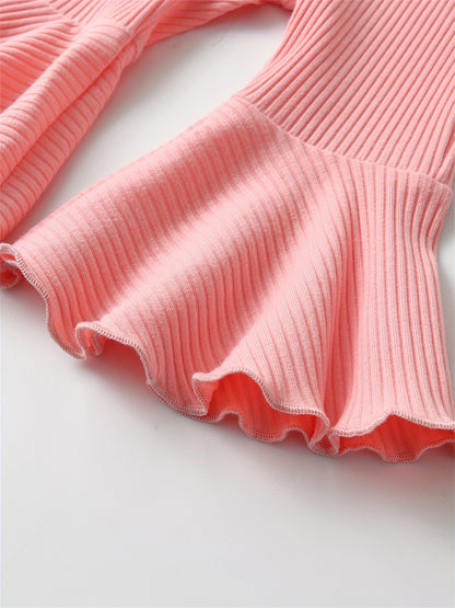 Kukitty Infant Baby Girl 3pcs Solid Color Flare Pants Casual Ribbed Leggings, for Outdoor