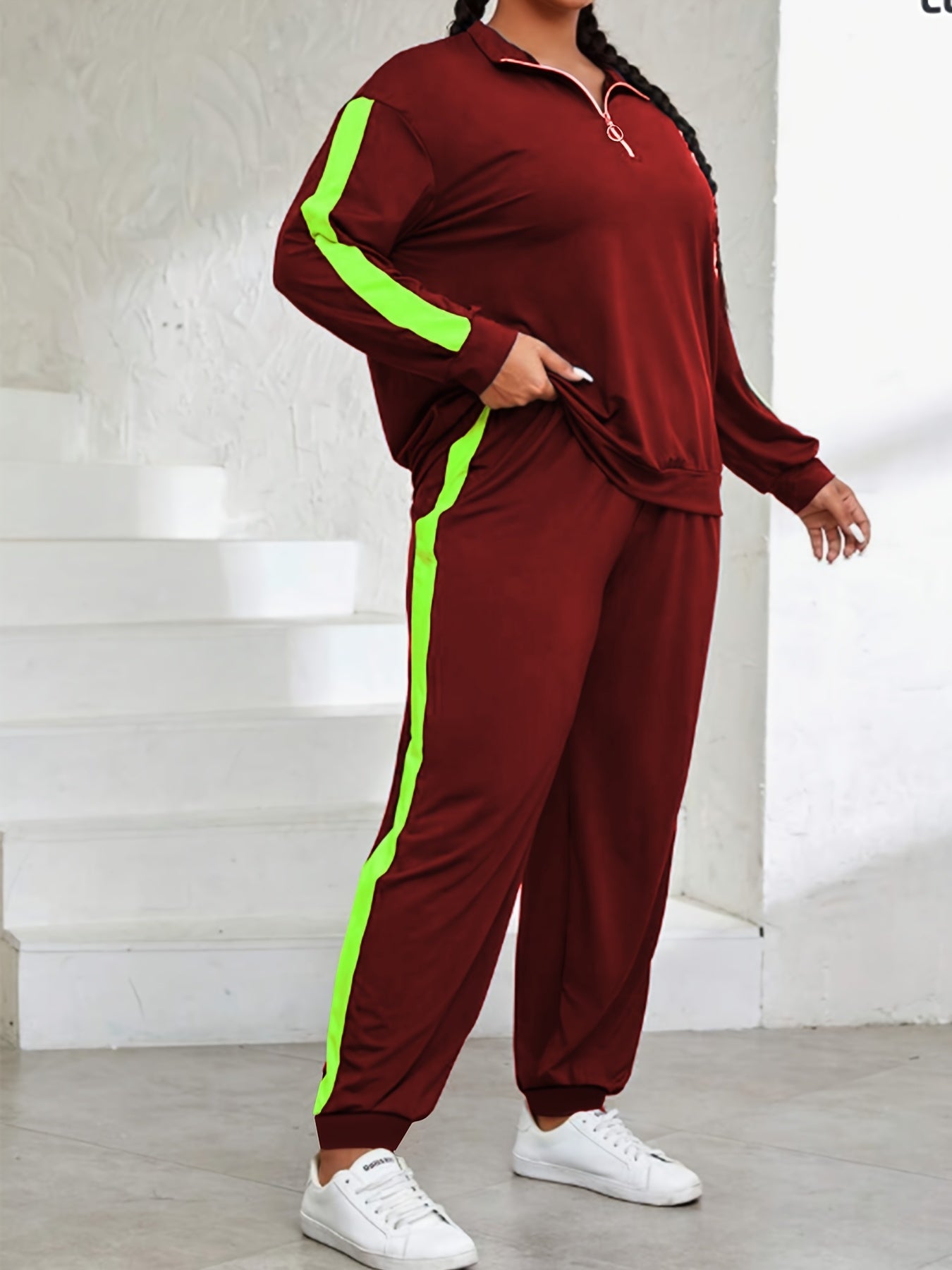 Plus Size, Plus Size Women's Spring And Autumn Contrast Color Casual Suit, Half Zip Pullover Long Sleeve Top And Trousers Two-Piece Set
