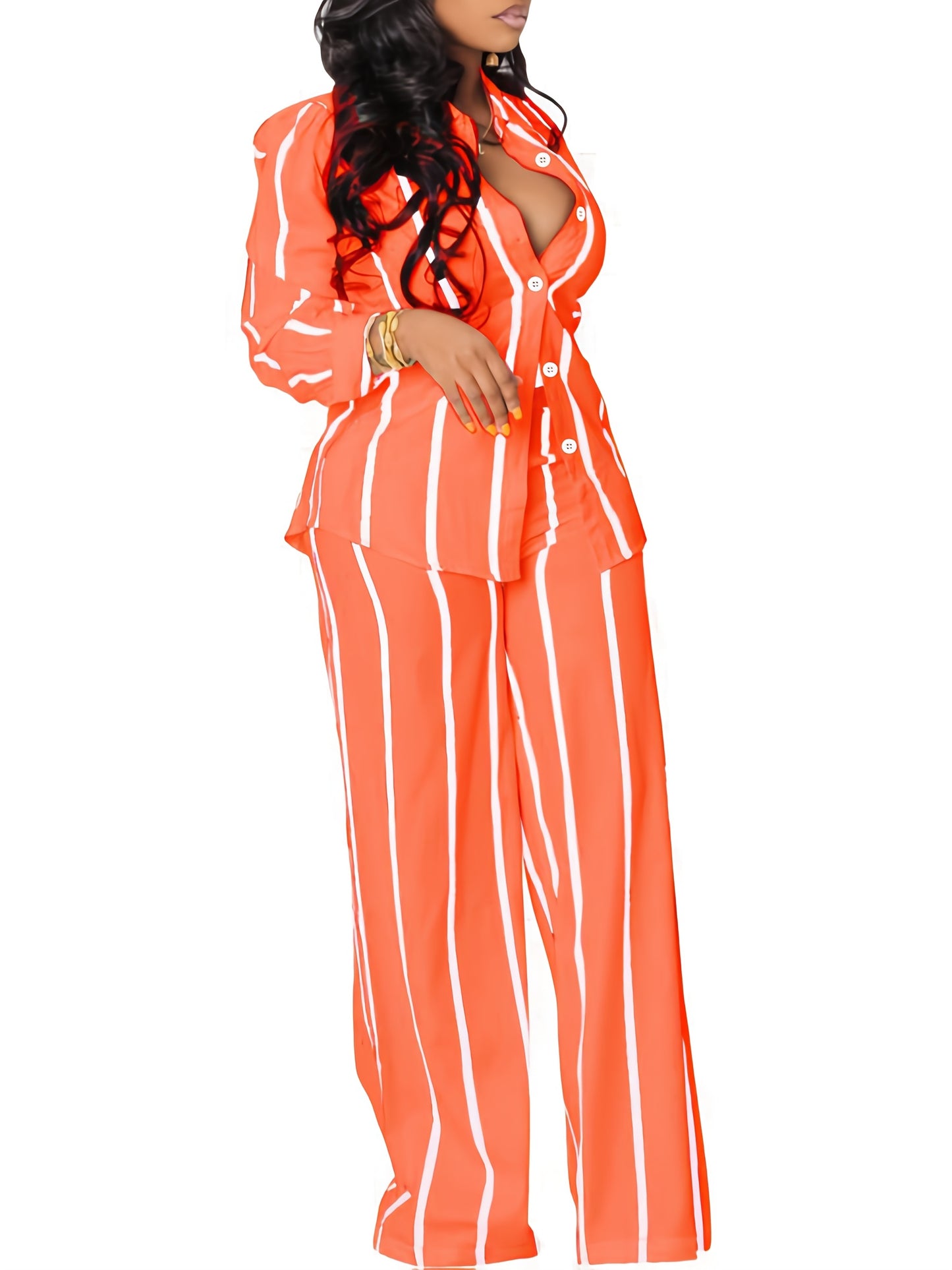 Women's Two-piece Striped Long-sleeved Button- Shirt with Wide-leg Trousers with Pockets