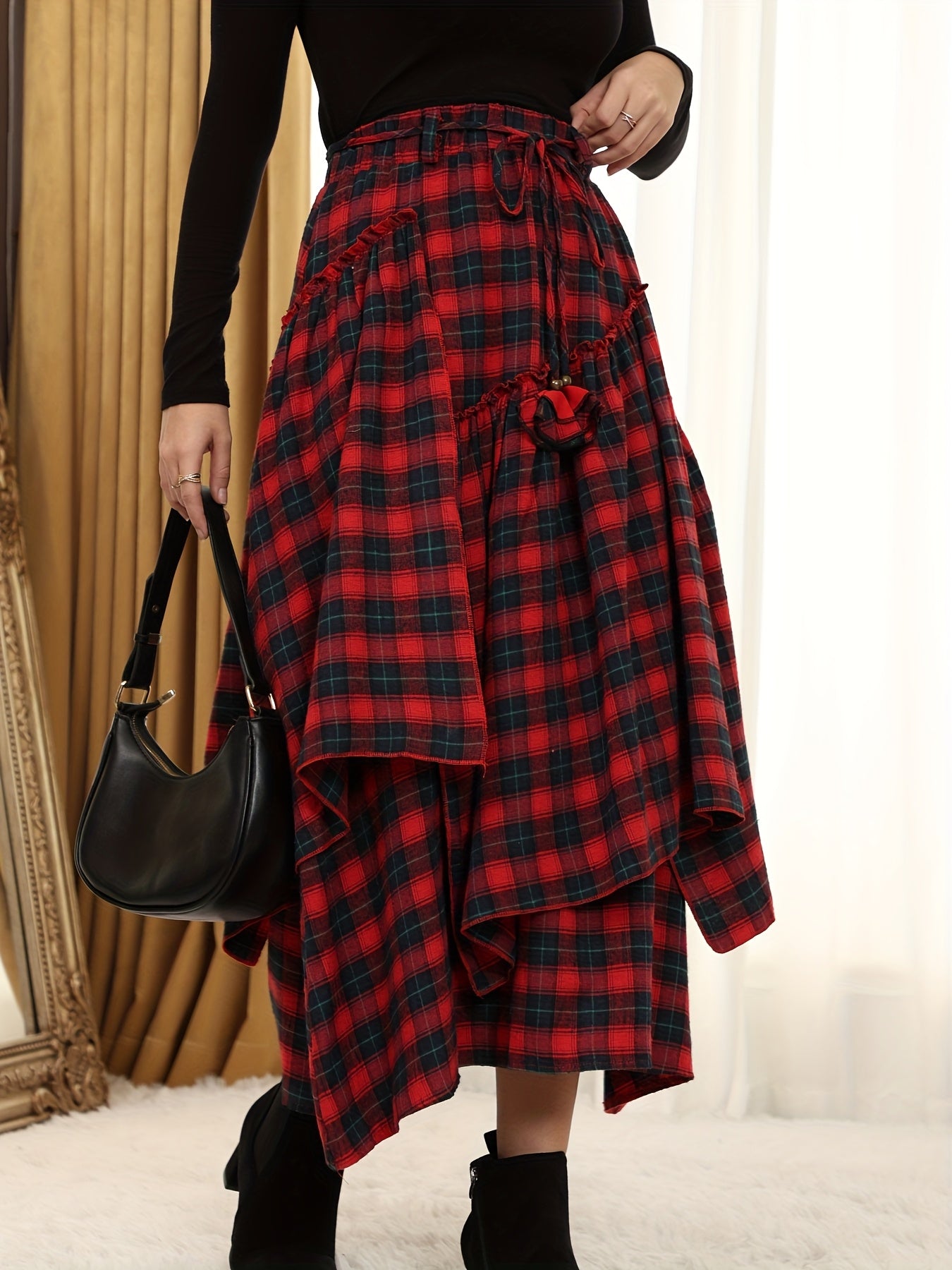 Victorian Gothic Handmade Fringe Plaid Skirt 2025 | Asymmetric Ruffle High-Waist Beach Skirt | Elastic Waist Multi-Layer Vacation Dress | Spring Summer Sweet Style Ladies Gift