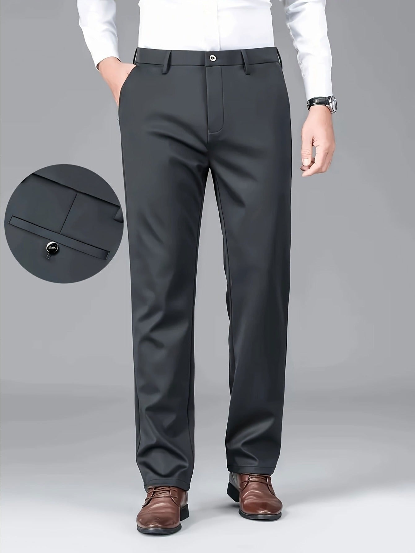 3pcs Set of Men's High-stretch Wrinkle-resistant Straight-leg Dress Pants, High-waisted Business Casual Long Pants, Button and Zipper Design, Machine Washable, Classic Solid-color Dress Pants for All Seasons, Professional Attire, Durable Fabric, F