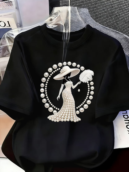 Elegant Light Luxury High-end Temperament Style Wear! Women's Printed T-Shirt-Pearl Diamond Jewelry Women's Design | Light Luxury Gorgeous Daily | Soft and Breathable Upper Body Fabric, Spring and Summer Casual Round Neck Short-sleeved Top