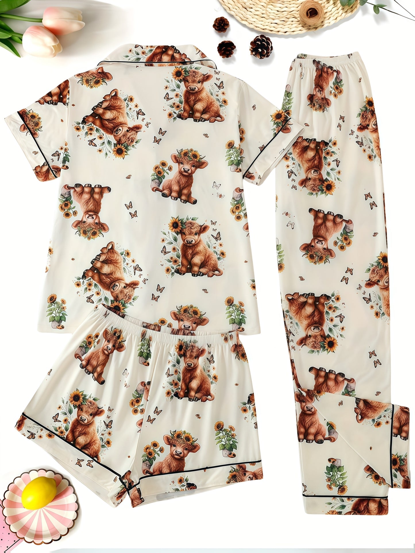 [3pcs Women's Pajama Set] 3pcs Casual Women's Pajama Set | Features A Lapel Collar, Short-sleeved Top with Button Closure, Paired with Shorts And Long Pants, Adorned with Floral And Cow Patterns. Comfortable Loungewear Suitable for All Seasons