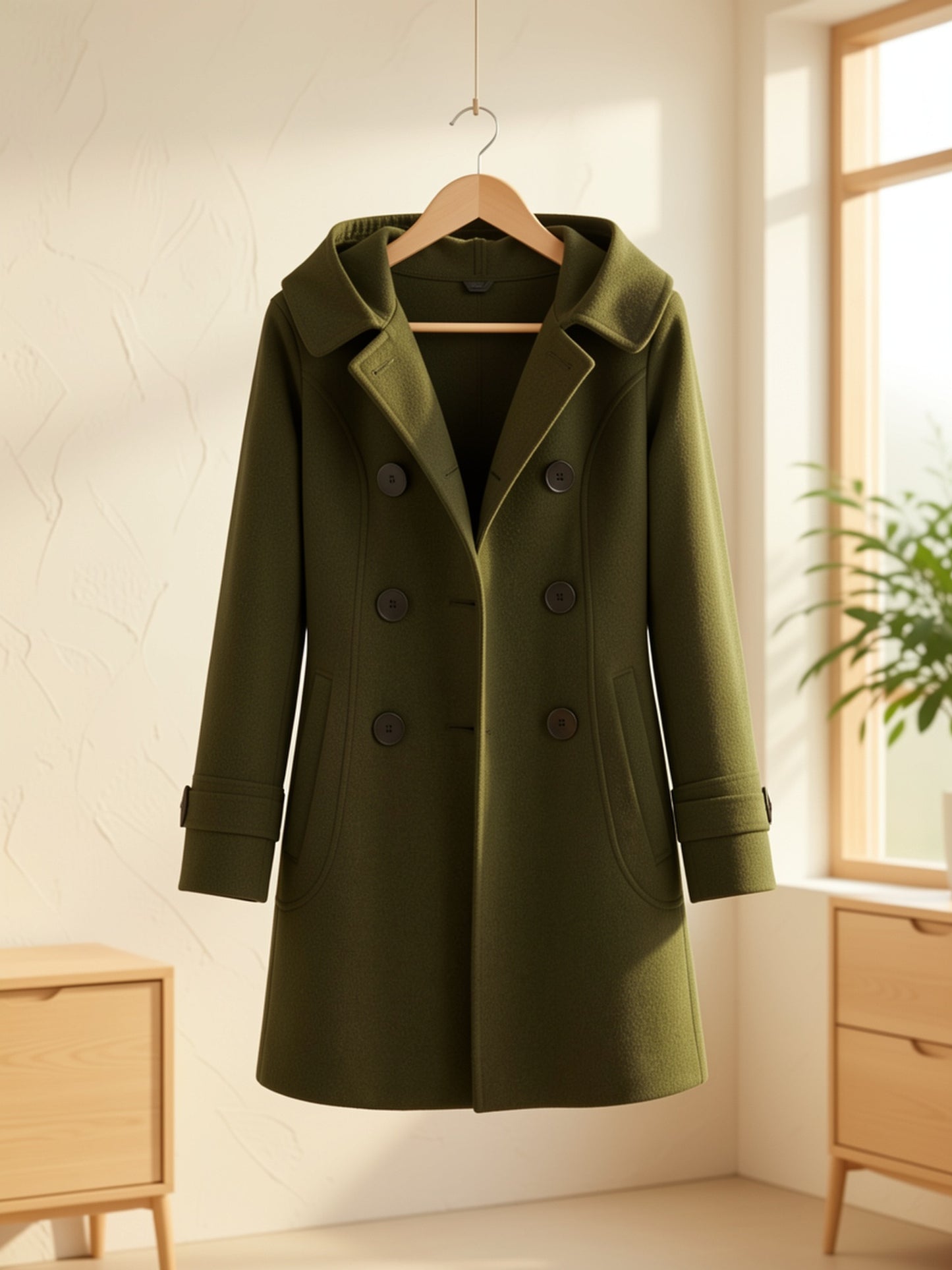 Women'S Cozy Double-Breasted Wool Peacoat Trench Jacket with Hood