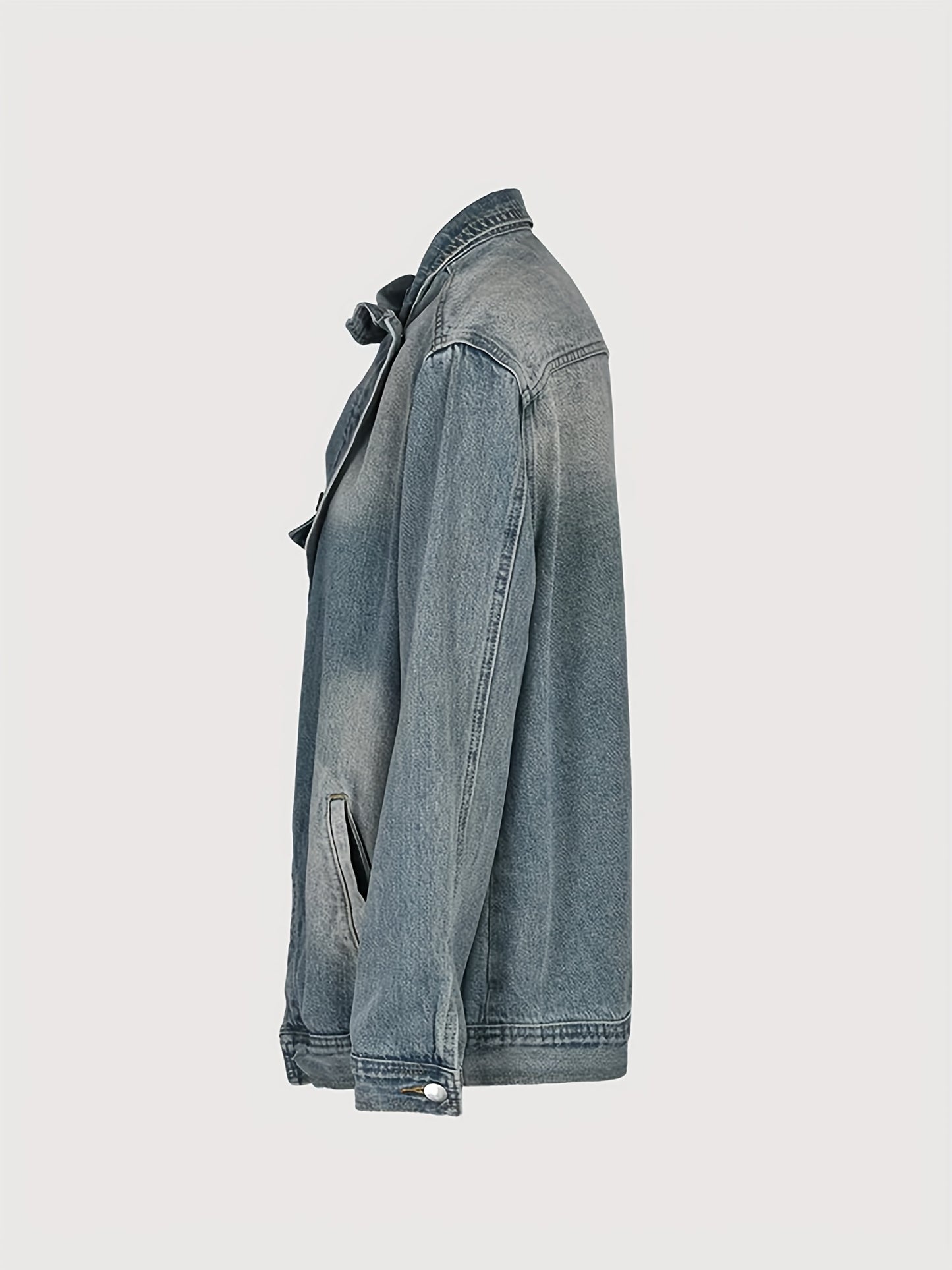 Women's Vintage Washed High Neck Asymmetric Button Denim Jacket - Loose Fit Drop Shoulder Streetwear Coat, Single-Breasted Collar Jacket for Spring/Fall/Winter, Casual Outerwear Blouse