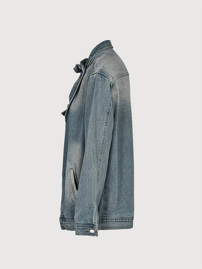 Women's Vintage Washed High Neck Asymmetric Button Denim Jacket - Loose Fit Drop Shoulder Streetwear Coat, Single-Breasted Collar Jacket for Spring/Fall/Winter, Casual Outerwear Blouse