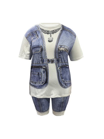 [Denim Print/Imitation Denim] Women's clothing Full body imitation denim print two-piece set Casual loose short sleeves paired with slim shorts Round neck Loosen the top with a wide swing Set with tight shorts