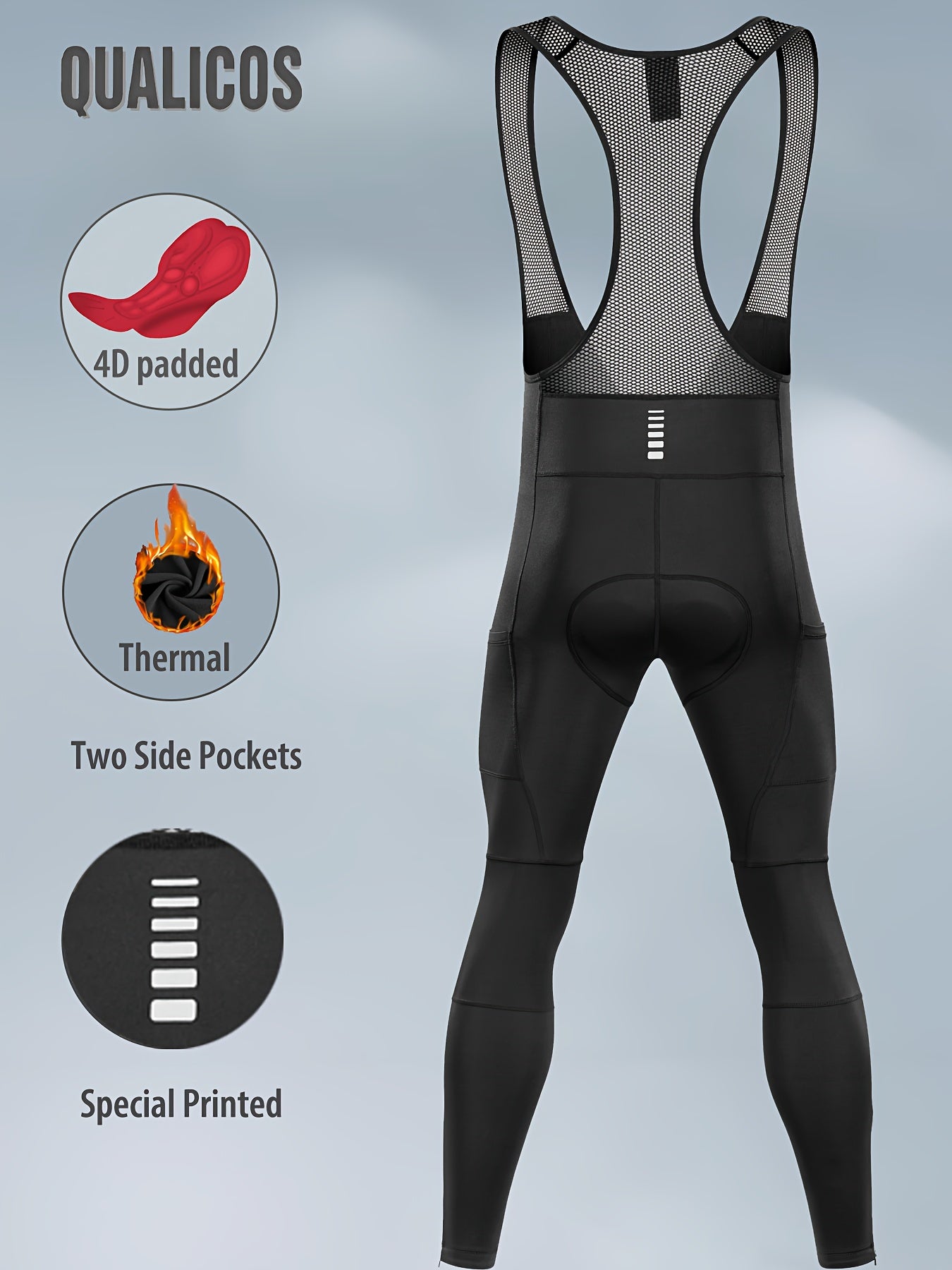 QUALICOS Men'S Insulated Cycling Bib Tights - Cold Weather Pants Featuring Fleece Lining, Shock-Absorbing Padding, Stretchy Mesh Material, Side Pockets & Ankle Zippers - Form-Fitting Bike Leggings for Winter Cycling, Running, And Commuting - Black