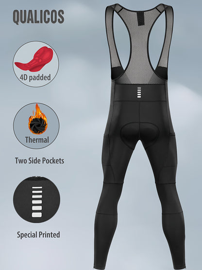 QUALICOS Men'S Insulated Cycling Bib Tights - Cold Weather Pants Featuring Fleece Lining, Shock-Absorbing Padding, Stretchy Mesh Material, Side Pockets & Ankle Zippers - Form-Fitting Bike Leggings for Winter Cycling, Running, And Commuting - Black