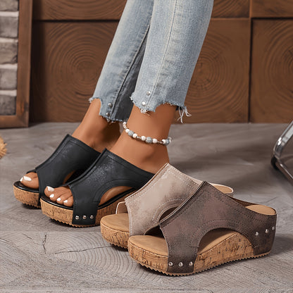 Ladies' Summer New Solid Color Lightweight, Breathable, Comfortable, Versatile Outdoor Thick Bottom Sandals with Open Toes, Arched Style, Elegant Retro Beach Dating, High Quality Platform Sandals, Women Shoes