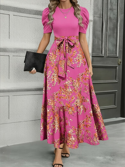 Women'S Floral Cinched-Waist Casual Long Dress, Suitable for Light Business Gatherings | Weekend Afternoon Tea And Similar Occasions, Elegant And Refined