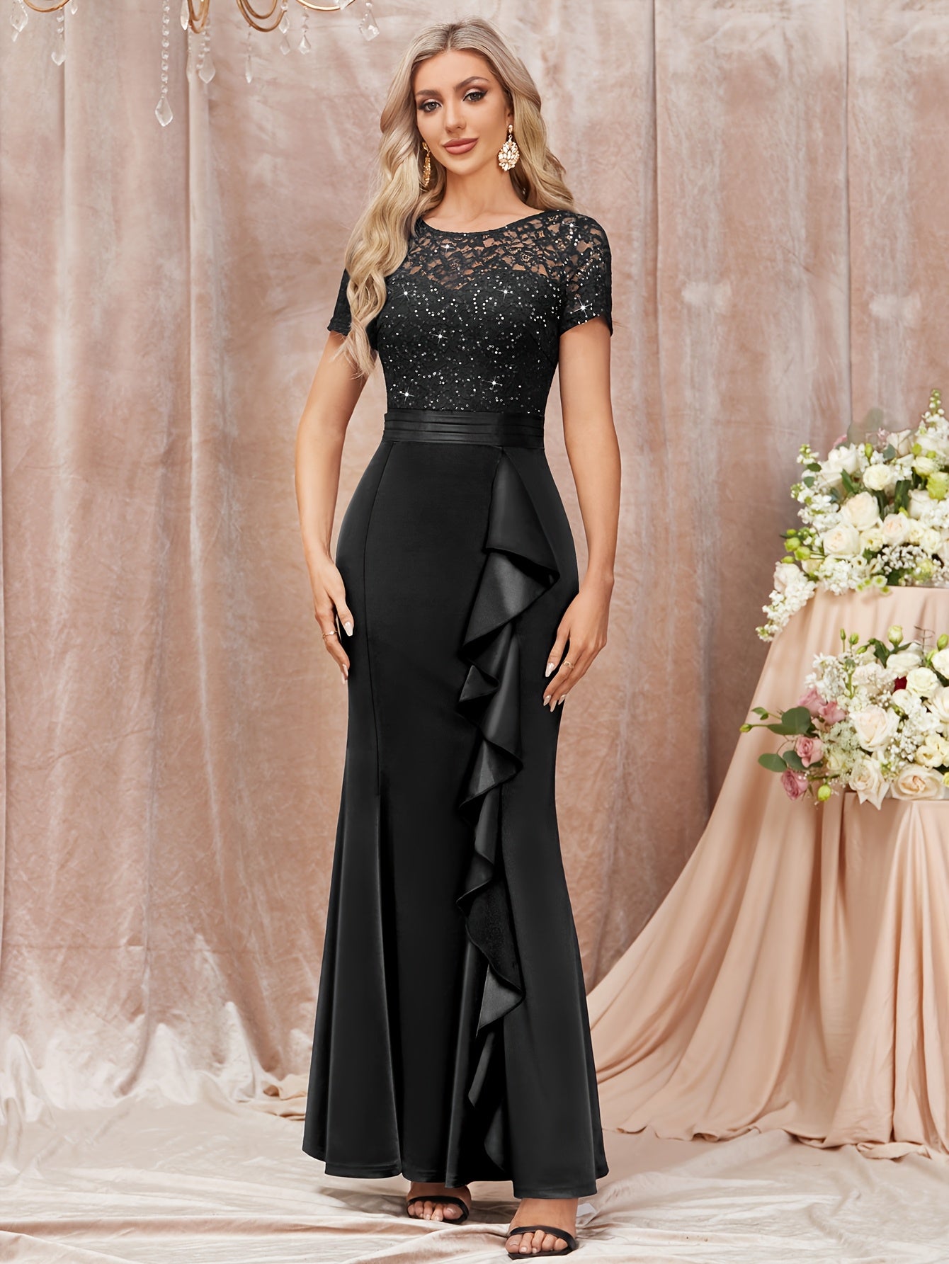 53272 Elegant Womens Sequin Lace Contrast Bridesmaid Maxi Dress, Scoop Neck Short Sleeves, Side Ruffle Detail, Satin Mermaid Hem, Perfect for Graduation Season, Wedding Season, Summer Wedding Guest, Evening Party, Summer Vacation Events And Formal