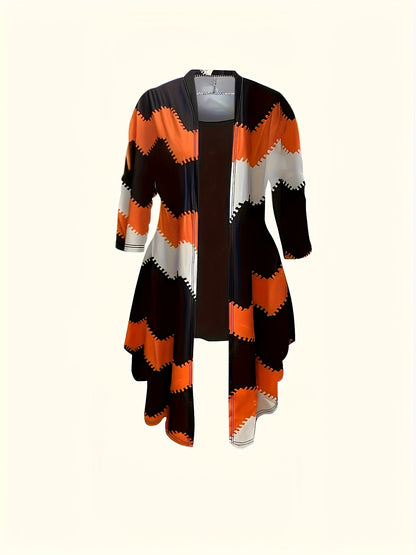 [Printed Flower Dress Set] Women's 3pcs Set, Printed Flower Dress Coat Paired with Plain-colored Casual Pants And Vest for A Daily Outfit