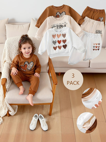 6pcs Toddler Baby Girl Fall Winter Clothes, Leopard Print Heart Print Trendy Pullover, Long Sleeve Crewneck Sweatshirts + Joggers Pants Outfits, Can Be A Gift, Perfect for Outdoor