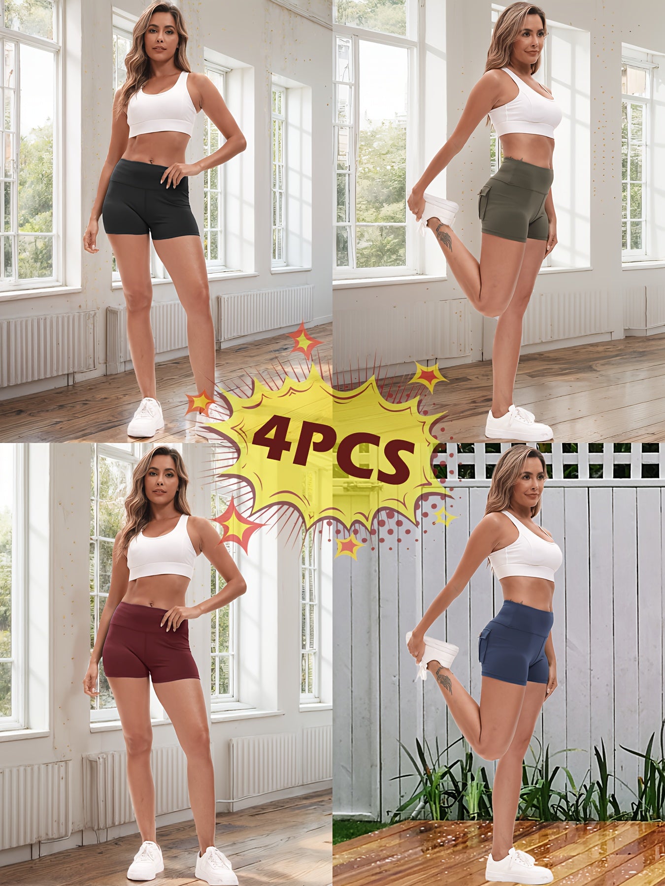 2026 High Stretch Elastic Waist Cargo Shorts Women's Shaping Hip Lifting Quick-Drying Fitness Pants with 2 Pockets 4pcs 2pcs Solid Color Yoga Short Pants Set Game Day Fan Gear for Soccer All Fans