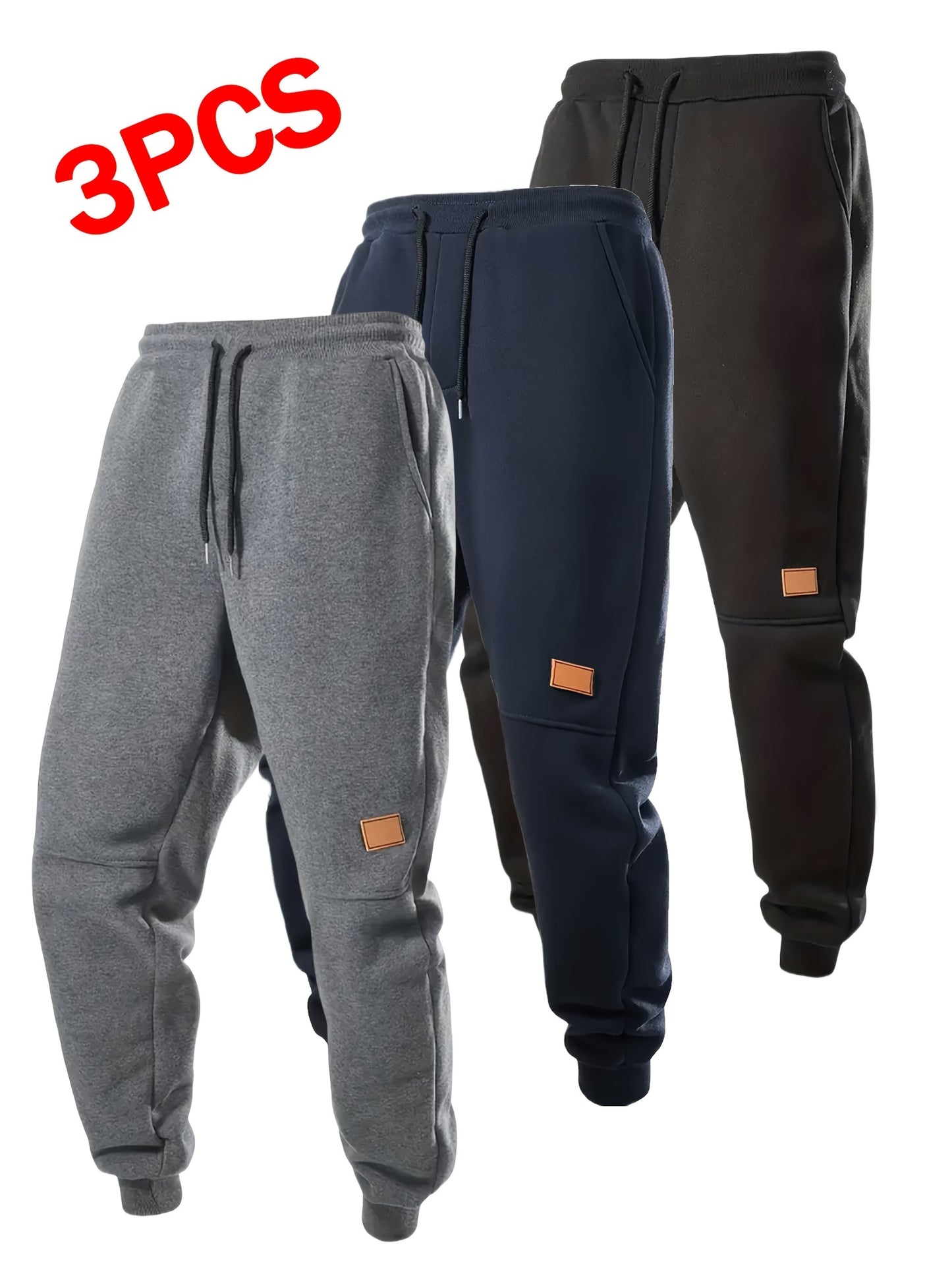 Set of 3 Boys' Warm Fleece Jogger Pants, Suitable for Casual Wear. Available in Black, Gray, Blue, And Dark Gray, These Teenage Activewear Joggers Feature a Drawstring Waistband And Ribbed Cuffs, Ideal for Outdoor Activities