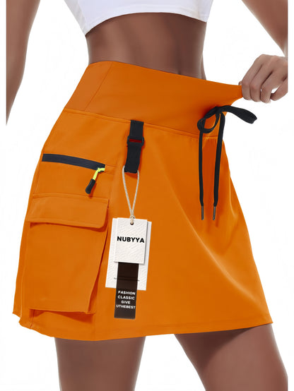 Women's New Summer Polyester Quick-Dry Hiking Workwear Skirt, Outdoor Sports Elastic Waistband Zipper Pocket Tennis Skirt, Golf Quick-Dry Skort