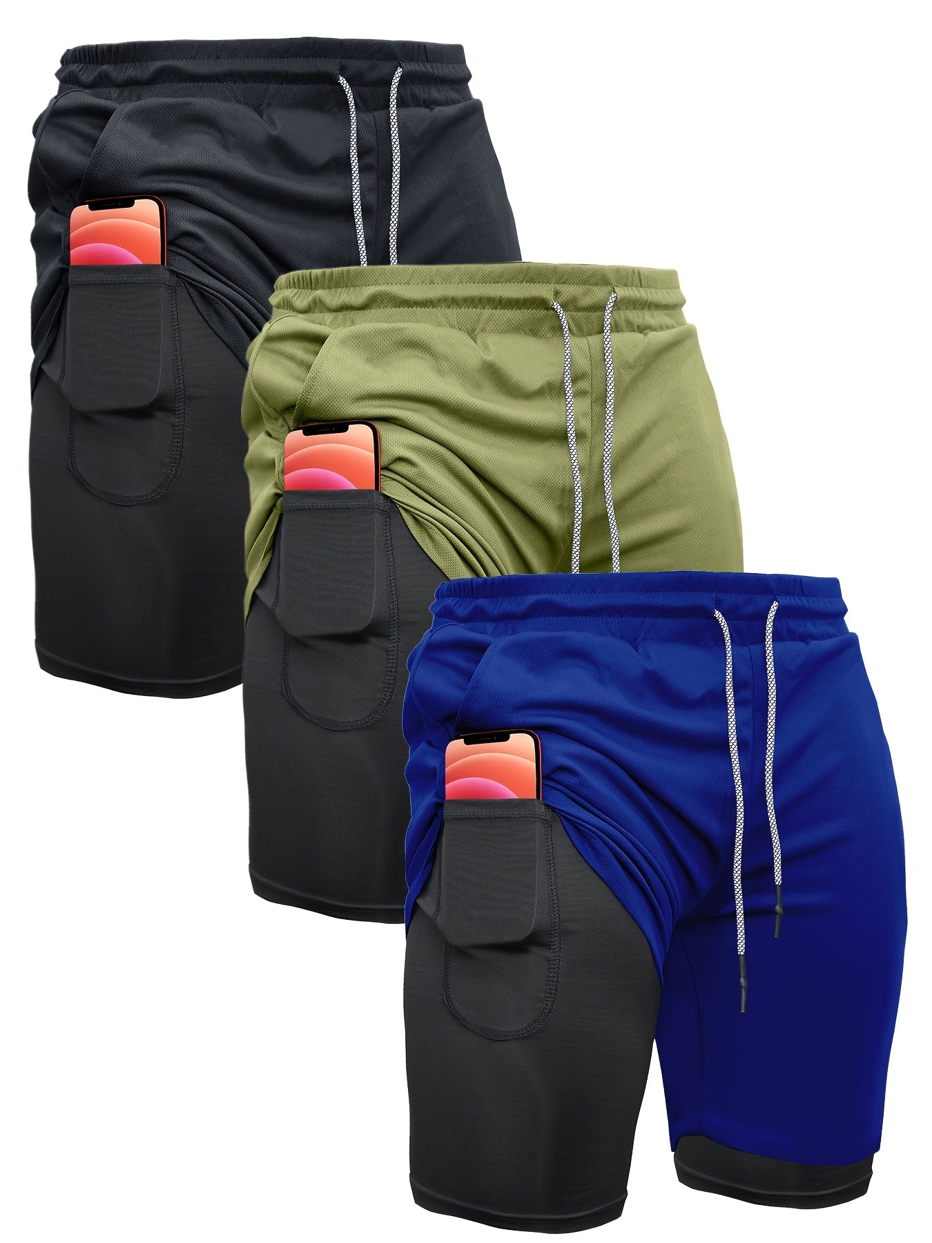 3pcs Men's 2-in-1 Double-layer Shorts with Inner Pocket, High Stretch Sports Shorts, Suitable for Summer Running, Gym Exercise And Training