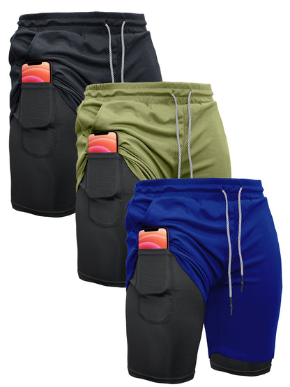 3pcs Men's 2-in-1 Double-layer Shorts with Inner Pocket, High Stretch Sports Shorts, Suitable for Summer Running, Gym Exercise And Training
