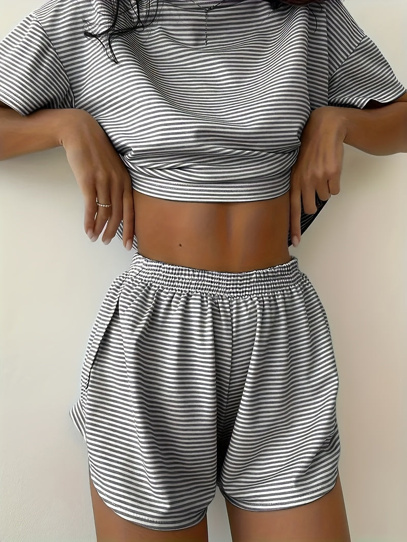 Women's Striped Print Crop Top & Curved HemShorts Loungewear Pajamas 2pcs Set, Casual Comfy Short Sleeve Cropped T-shirt &Drawstring Waist Shorts PjSet, Ladies Sleepwearfor Al Seasons, Pajama Sets Women, Womenswear