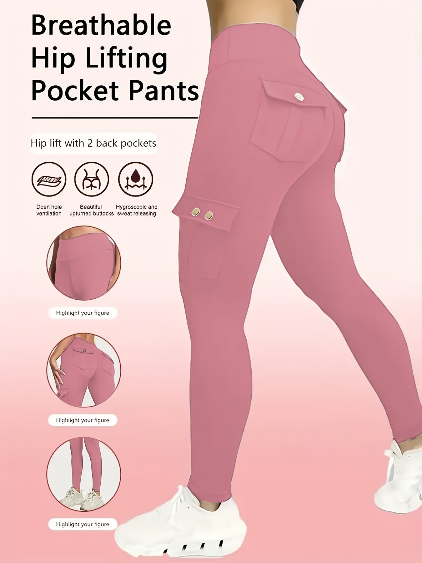 3-Pack Women'S High-Waisted Compression Leggings with Pockets, Suitable for All Seasons, Elastic Running And Sports Leggings, Button Design, Solid Colors (Black, Sky Blue, Gray, Pink, Red), Practical Flap Pockets, Comfortable Fabric