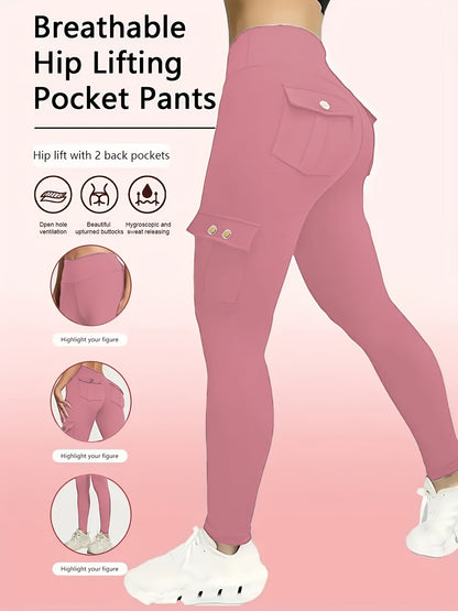 3-Pack Women'S High-Waisted Compression Leggings with Pockets, Suitable for All Seasons, Elastic Running And Sports Leggings, Button Design, Solid Colors (Black, Sky Blue, Gray, Pink, Red), Practical Flap Pockets, Comfortable Fabric