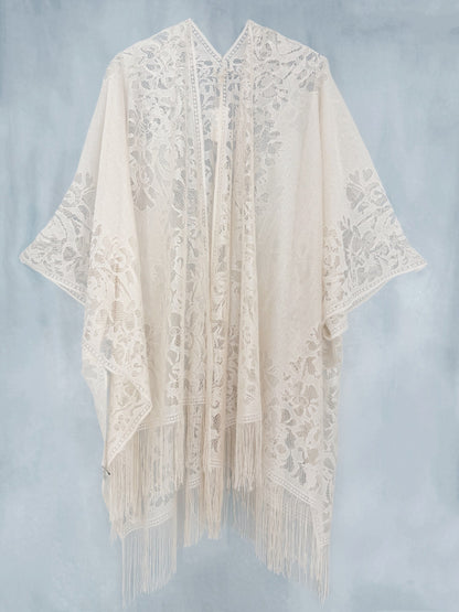 Woman's Plus Size Boho Cover Up, Lace Kimono, Women's Plus Floral Lace Batwing Sleeve Cover-Up, Open Front Tassel Trim Kimono, Lightweight Beach Cover Up