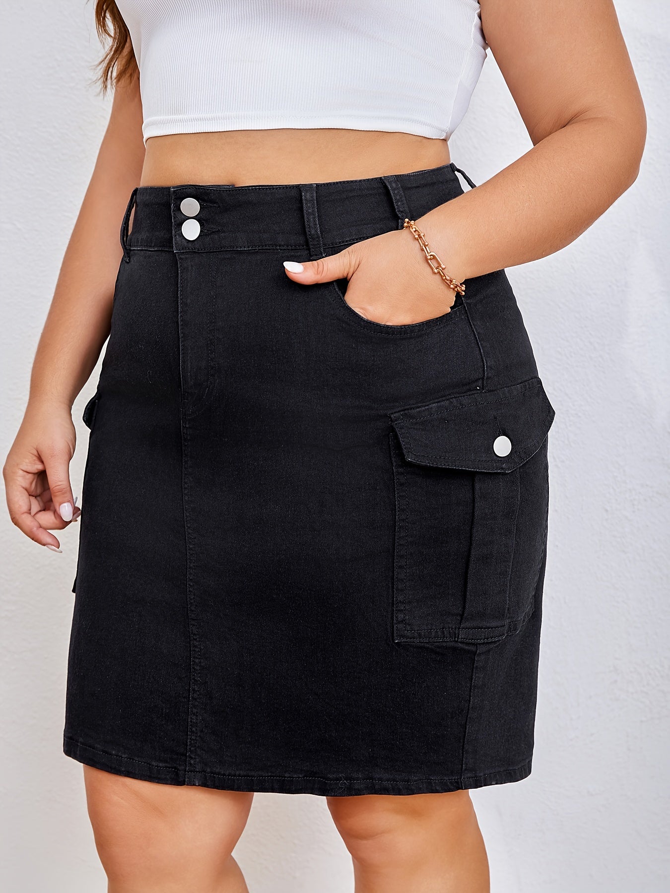 Women's Stylish Black Denim Midi Skirt with Multiple Pockets - Stretch Blend, Knee-Length, Machine Washable, Autumn Fashion Skirt|Button Detail Skirt| Texture Fabric
