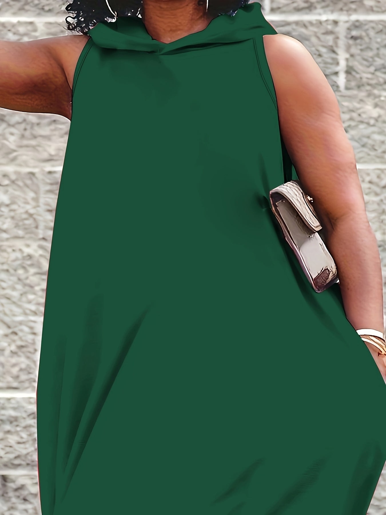 Plus Size, Elegant Side Slits, Hooded Design, Side Pockets, Plus Size Vest with Hooded Long Skirt, Solid Color Basic Simple Vest Long Skirt, Comfortable And Stretchy