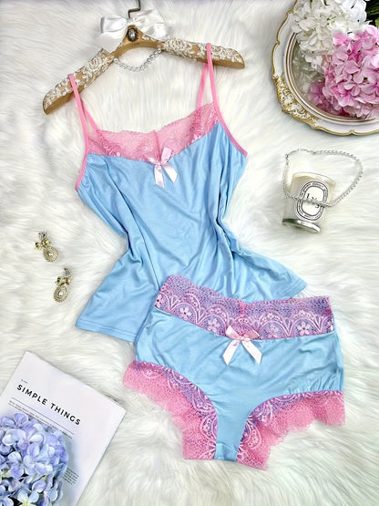 Contrast Color Lace Splicing V-Neck Bow Splicing Soft And Comfortable Skin-Friendly Casual Home Pajamas Set