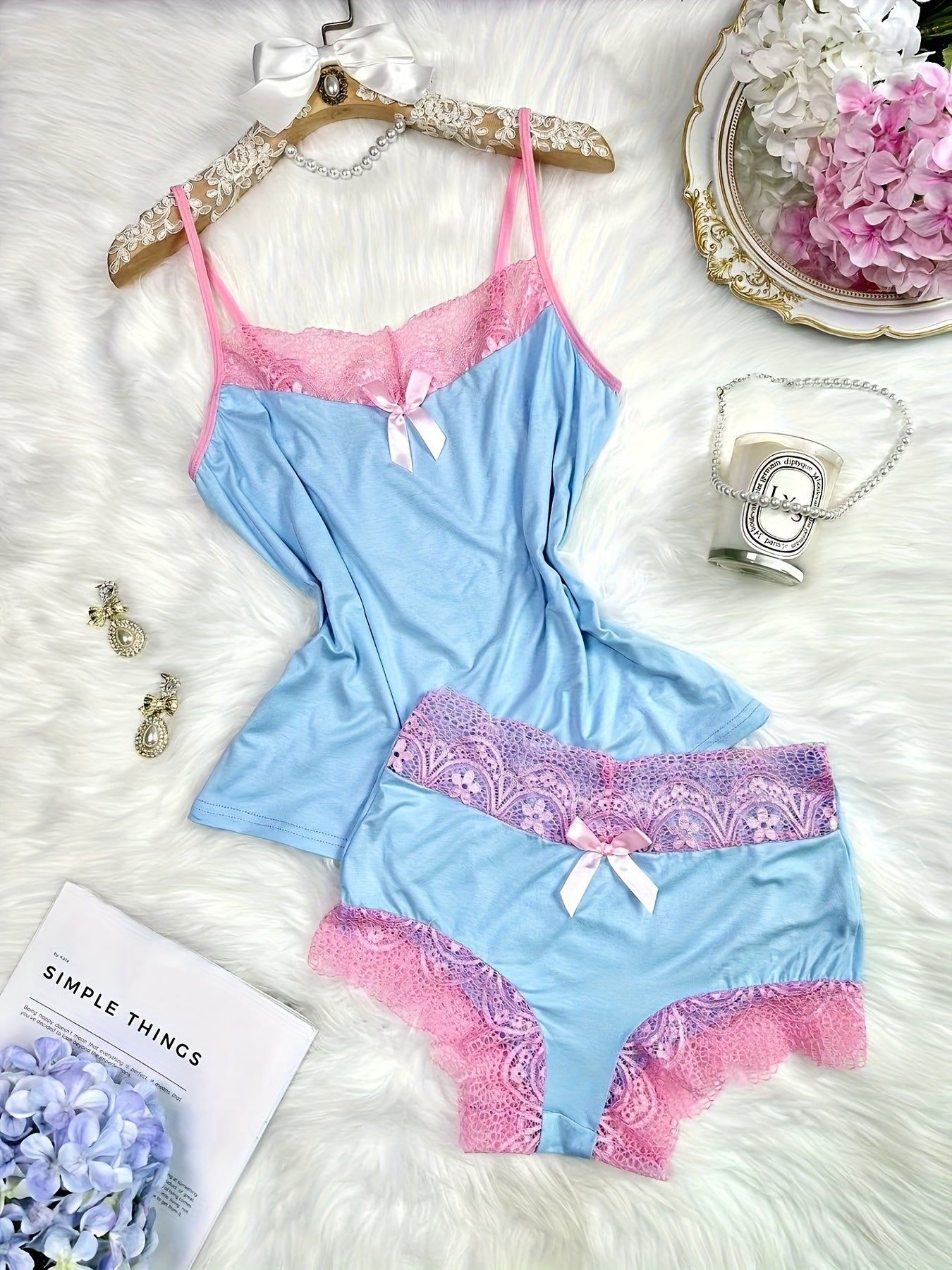 Contrast Color Lace Splicing V-Neck Bow Splicing Soft And Comfortable Skin-Friendly Casual Home Pajamas Set