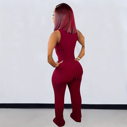 Ladies' Stretch Two-piece Casual Fashion Vest And Trousers Set with V-neck Adjustable Drawstring Sleeveless Top And High-waisted Fl Trousers Set