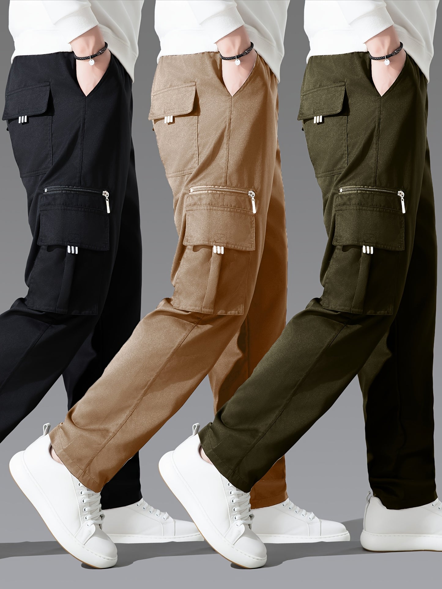 3pcs Men'S Casual Solid Color Cargo Pants, Polyester Non-Stretch Woven Fabric, Multiple Pockets, Regular Fit, Spring/Fall Season, Hiking & Outdoor Scene, Weekend Casual Occasion, Thick
