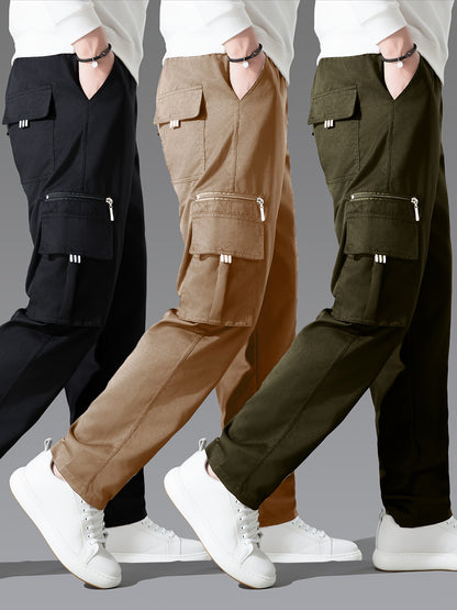 3pcs Men'S Casual Solid Color Cargo Pants, Polyester Non-Stretch Woven Fabric, Multiple Pockets, Regular Fit, Spring/Fall Season, Hiking & Outdoor Scene, Weekend Casual Occasion, Thick