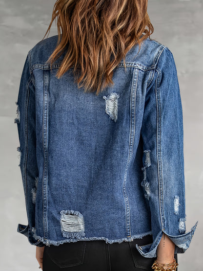 Washed Out Women's Denim Jacket with Pockets; Boyfriend Style; Distressed Look.